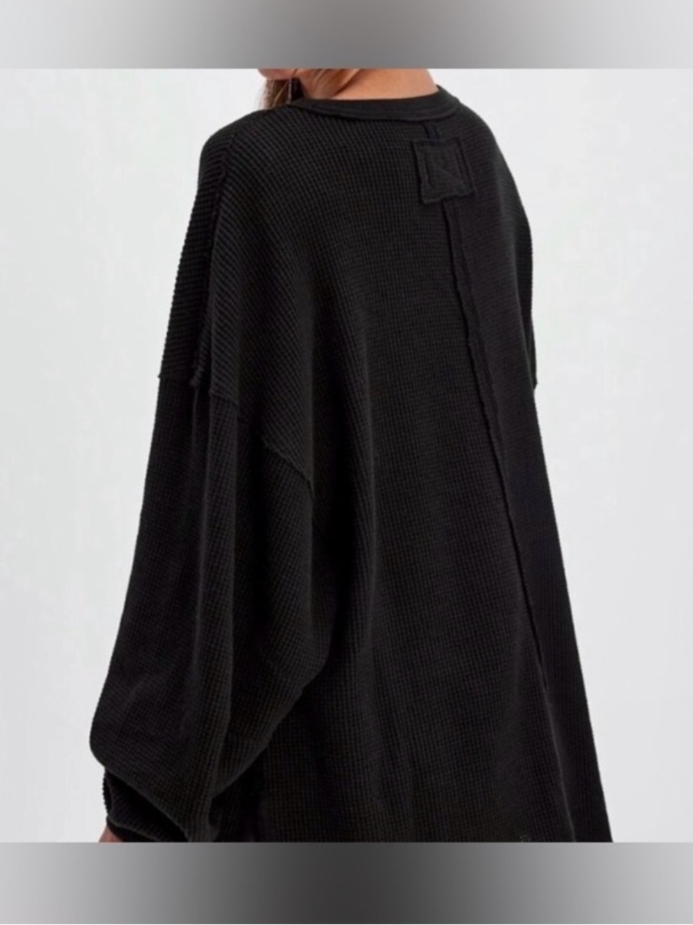 NEW - Free People Black Waffle Knit Oversized Thermal Tunic Sweater Cozy Boho M - Picture 3 of 6